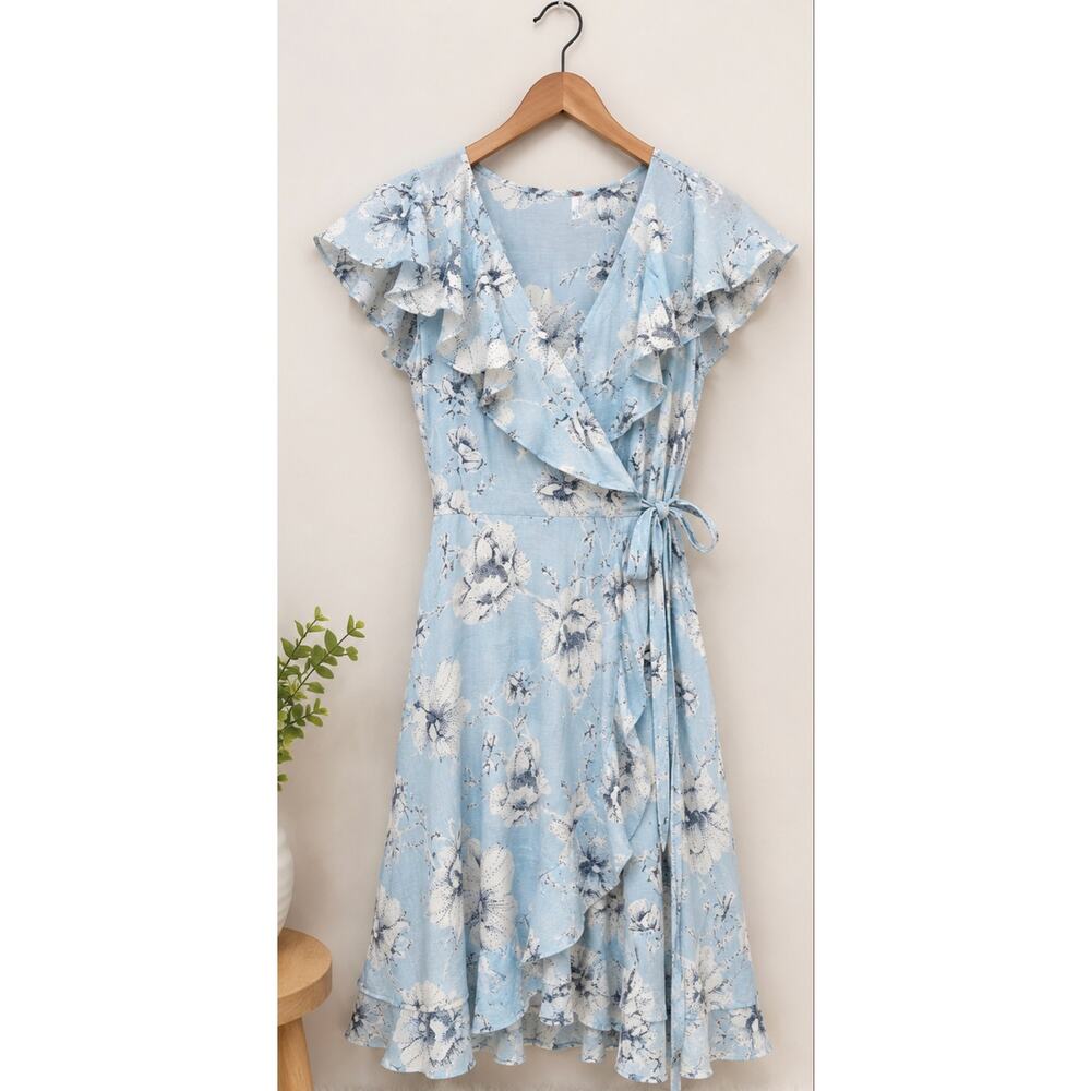 Free People Blue Floral Cottagecore Dress Sz XS Flutter Sleeve Tie Waist Coastal - Picture 2 of 4